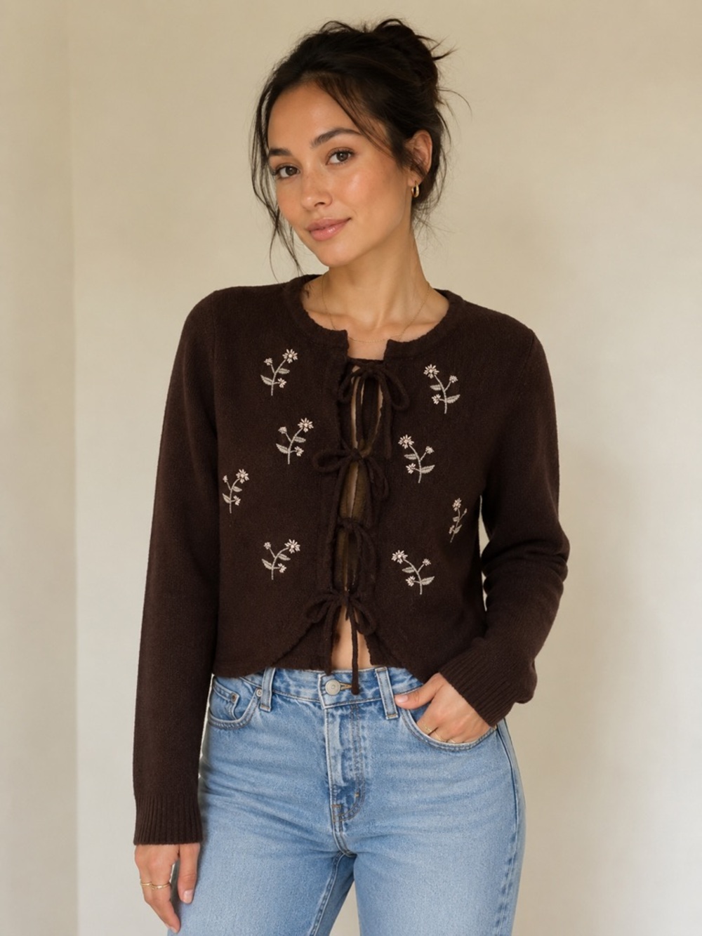 Wild Skye Embroidered Tie-Front Brown Cardigan Sweater XS